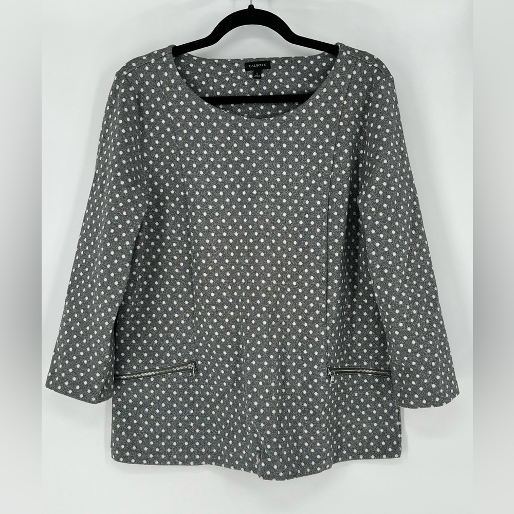 TALBOTS NWOT PULLOVER TOP GREY‎ METALLIC W/WHITE POLKA  DOTS, 2 ZIPPERED POCKETS